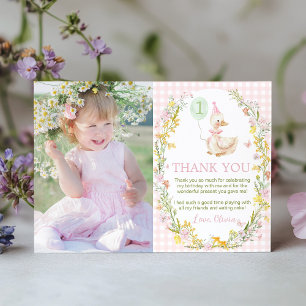 Floral Silly Goose Cute Pink Girl Birthday Photo Thank You Card