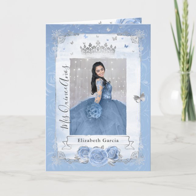 Floral Silver Baby Blue Quinceañera Photo Folded Invitation (Front)