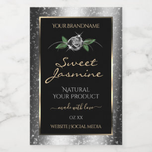 Floral Silver Black Product Labels Sparkle Glitter