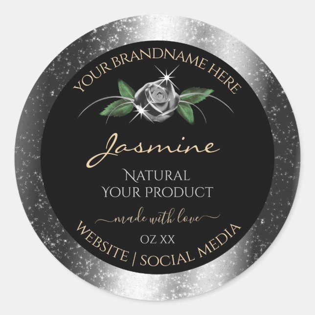Floral Silver Black Product Labels Sparkle Glitter (Front)