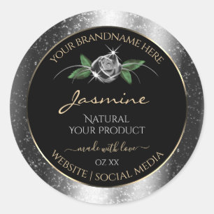 Floral Silver Black Product Labels Sparkle Glitter