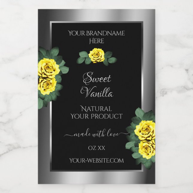 Floral Silver Black Product Labels Yellow Roses (Single Label)