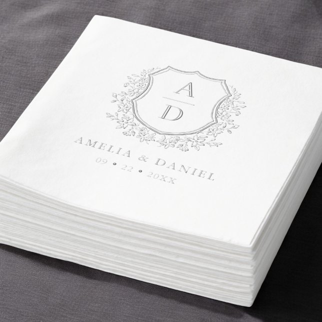 Floral Silver Crest Wedding Monogram Foil Napkins (Creator Uploaded)