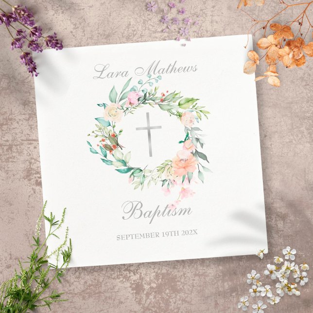 Floral Silver Cross Garland Baptism Christening Napkin (Creator Uploaded)