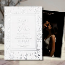 Floral Silver Foil Save the Date Photo Elegant 
