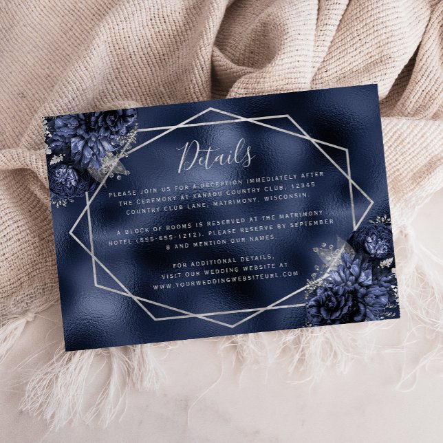 Floral Silver Geometric Navy Blue Wedding Details Enclosure Card (Creator Uploaded)
