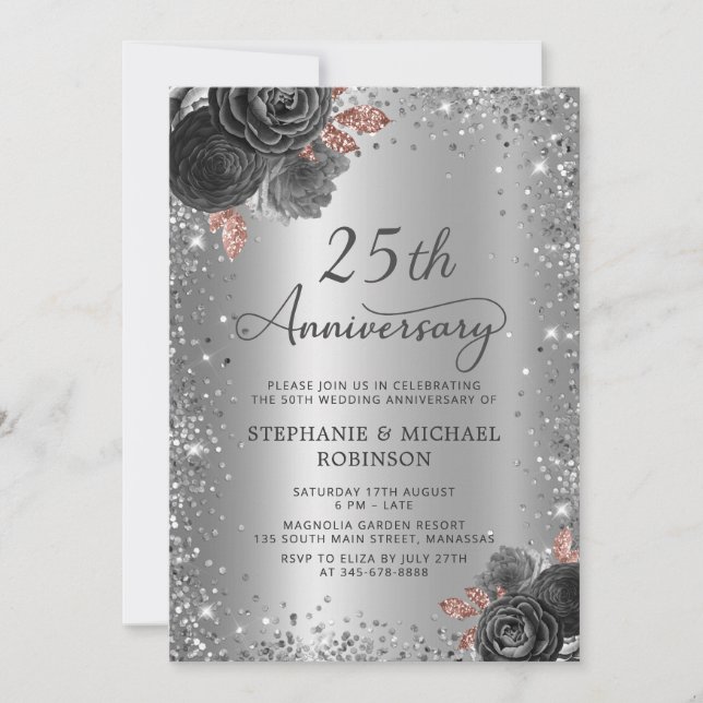 Floral Silver Glitter 25th Wedding Anniversary Invitation (Front)