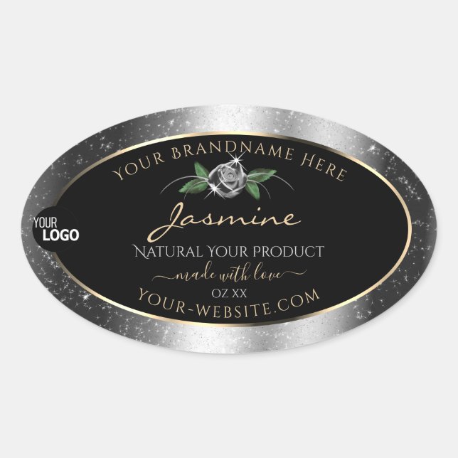 Floral Silver Glitter Black Product Labels Logo (Front)