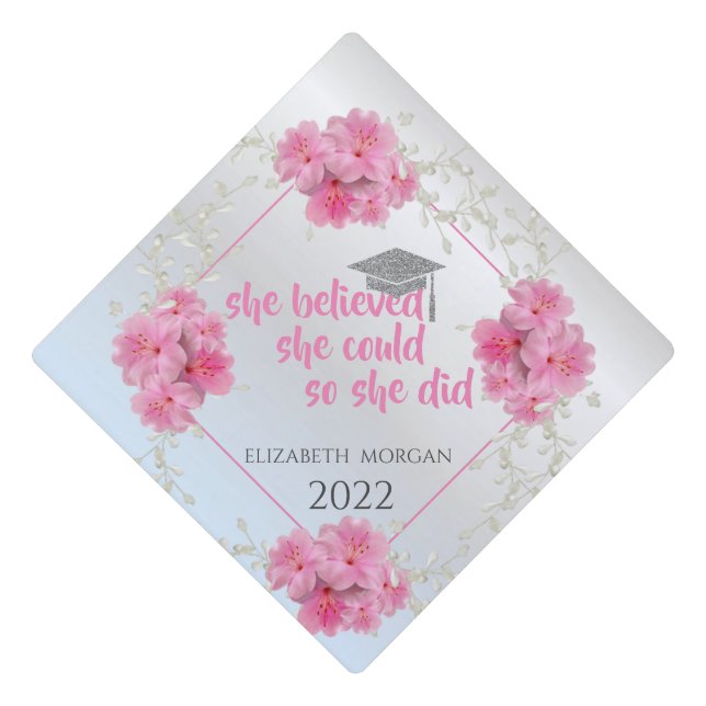 Floral Silver Graduate Cap-Motivational Message Graduation Cap Topper (Front)