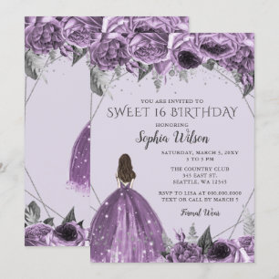 Floral Silver Purple Spakle Dress Sweet 16  Invita Invitation