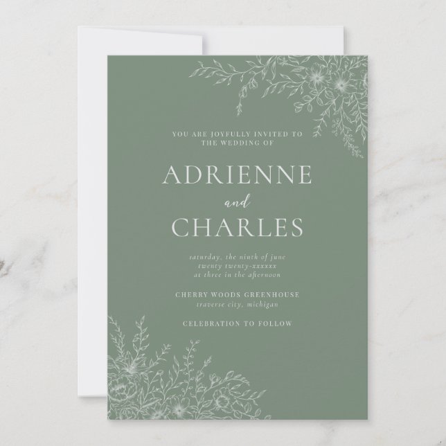 Floral Simplicity 1 Modern Green Minimal Wedding Invitation (Front)