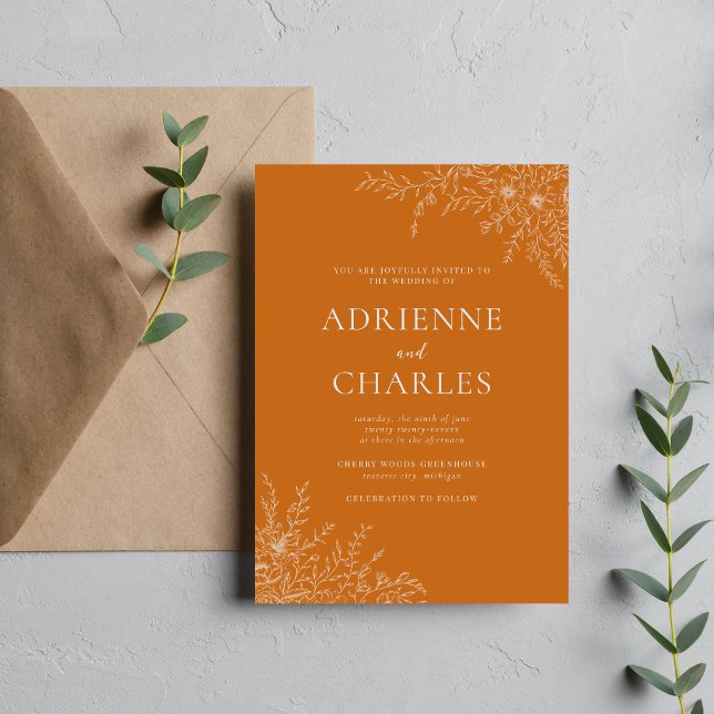 Floral Simplicity 1 Pumpkin Orange Minimal Wedding Invitation (Creator Uploaded)