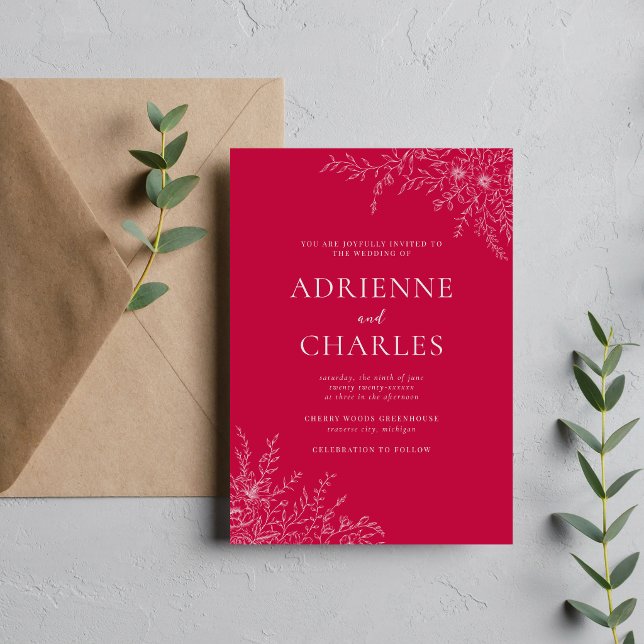 Floral Simplicity 1 Raspberry Pink Minimal Wedding Invitation (Creator Uploaded)
