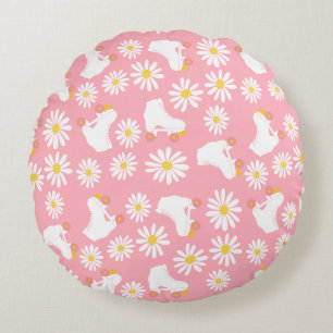 Floral Skates Roller Skating Pattern Birthday Pink Round Pillow