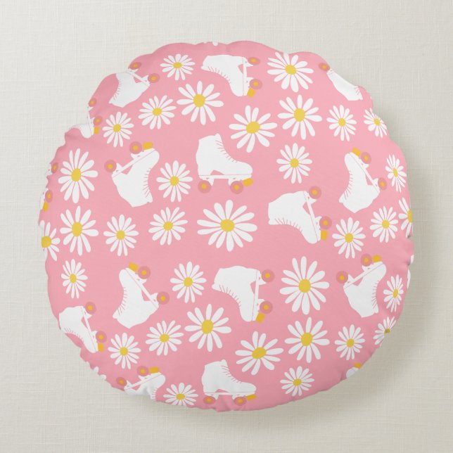 Floral Skates Roller Skating Pattern Birthday Pink Round Pillow (Front)