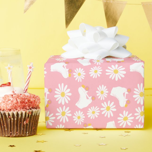 Floral Skates Roller Skating Pattern Birthday Pink Wrapping Paper (Birthday Party)
