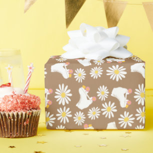 Floral Skates Roller Skating Pattern Birthday Wrapping Paper