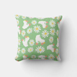 Floral Skates Roller Skating Pattern Green Throw Pillow