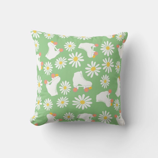 Floral Skates Roller Skating Pattern Green Throw Pillow (Front)