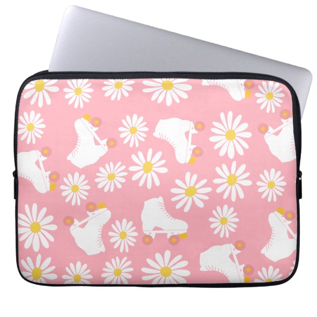 Floral Skates Roller Skating Pattern Pink Laptop Sleeve (Front)