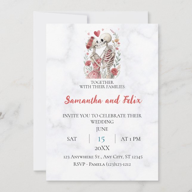 Floral Skeleton Embrace Marble Wedding Invitation (Front)
