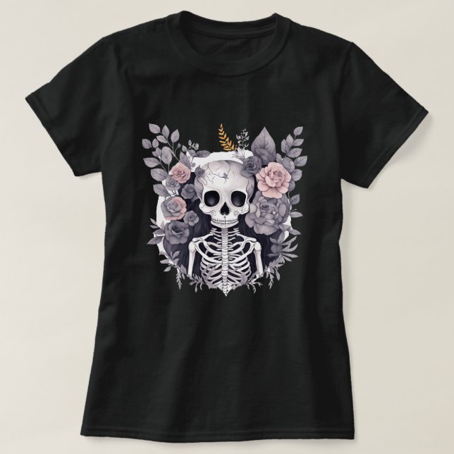 Floral Skeleton Gothic Romantic T Shirt (Design Front)