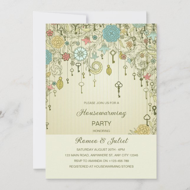 Floral & Skeleton Key Homewarming Invitation (Front)