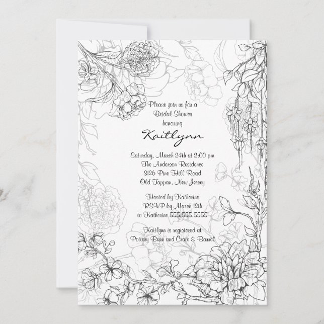 Floral Sketch on White Bridal Shower Invitation (Front)
