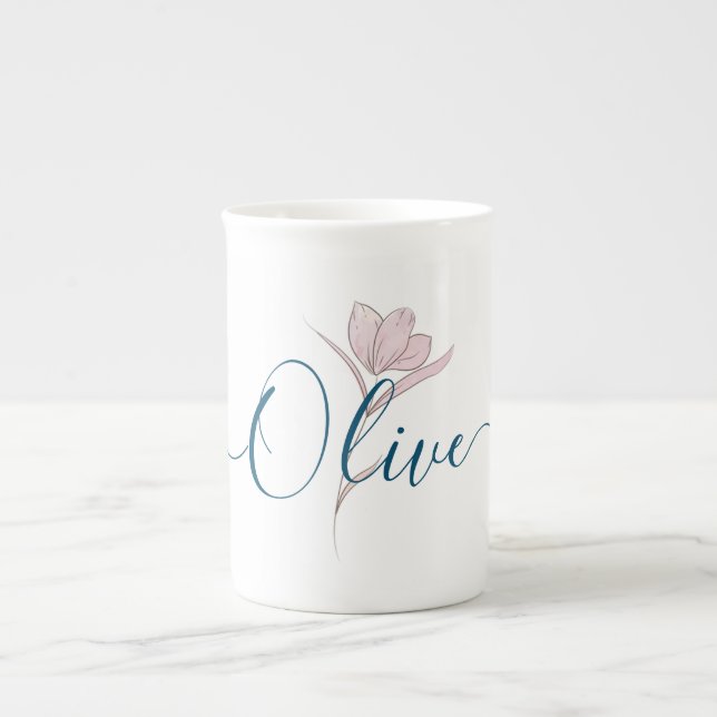Floral Sketch Watercolor Personalized Elegant Bone China Mug (Front)