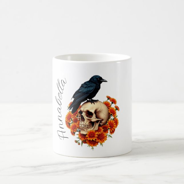 Floral Skull and Raven Personalized Name Coffee Mug (Center)