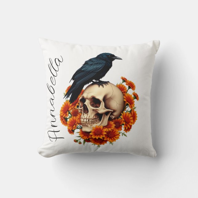 Floral Skull and Raven Personalized Name Throw Pillow (Front)