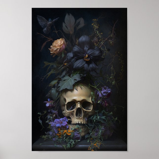 Floral Skull Art - Vintage Style Gothic Poster (Front)