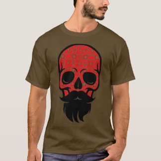 Floral Skull Beard Skull with Beard and Moustache  T-Shirt