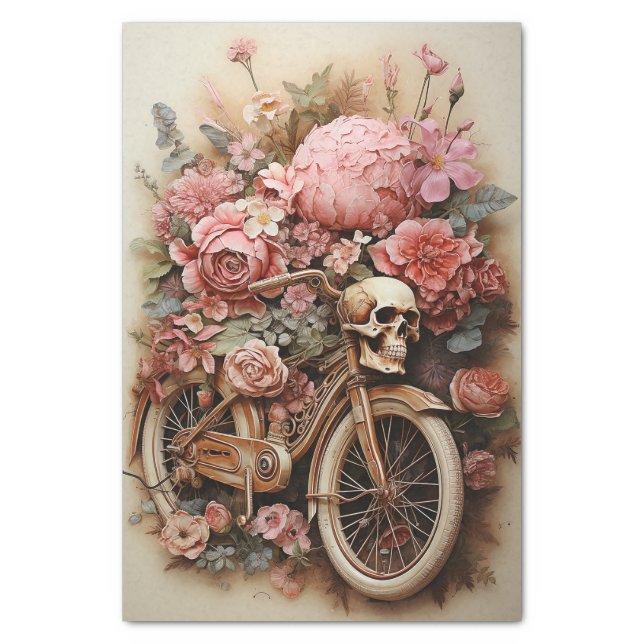 Floral Skull Bicycle Watercolor Decoupage Tissue Paper (Vertical)