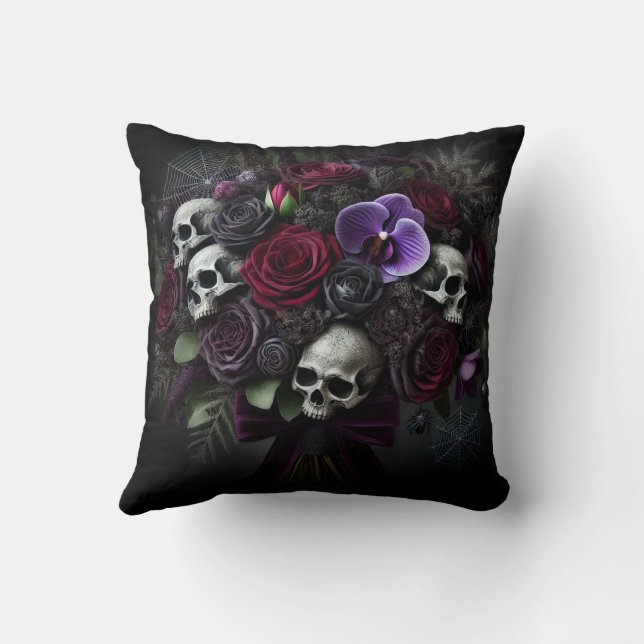 Floral Skull Bouquet Dark Gothic Halloween  Throw Pillow (Back)