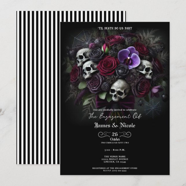 Floral Skull Bouquet Gothic Halloween Engagement  Invitation (Front/Back)