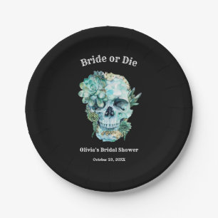 Floral Skull Bride or Die Halloween Bridal Shower Paper Plate
