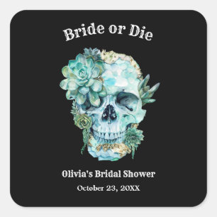 Floral Skull Bride or Die Halloween Bridal Shower Square Sticker