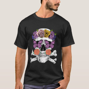 Floral Skull Butterfly Wildflowers Skeleton Gothic T-Shirt