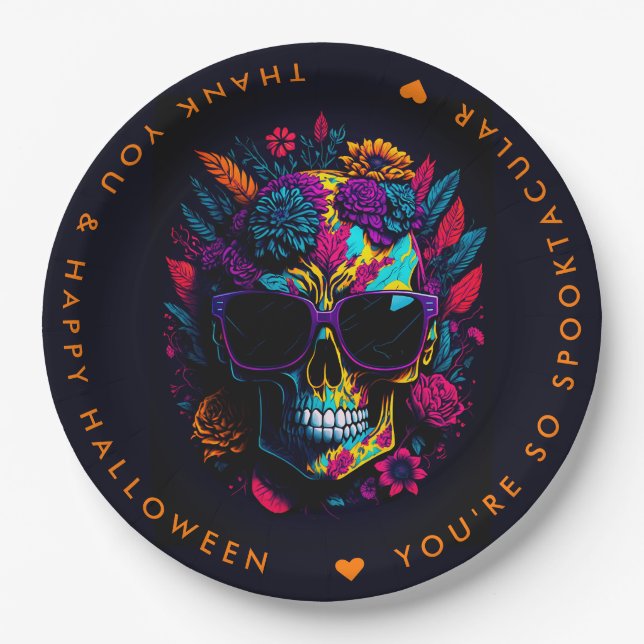 FLORAL SKULL Colourful Halloween Party Paper Plate (Front)