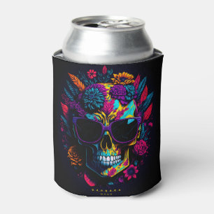 Floral Skull Colourful Retro Halloween Monogram Can Cooler