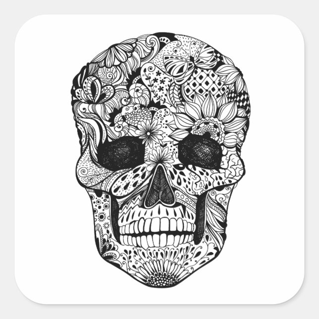 Floral Skull Doodle Square Sticker (Front)