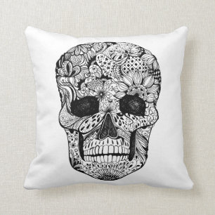 Floral Skull Doodle Throw Pillow