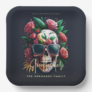 Floral Skull Faboolous Spooktacular Family Name Paper Plate