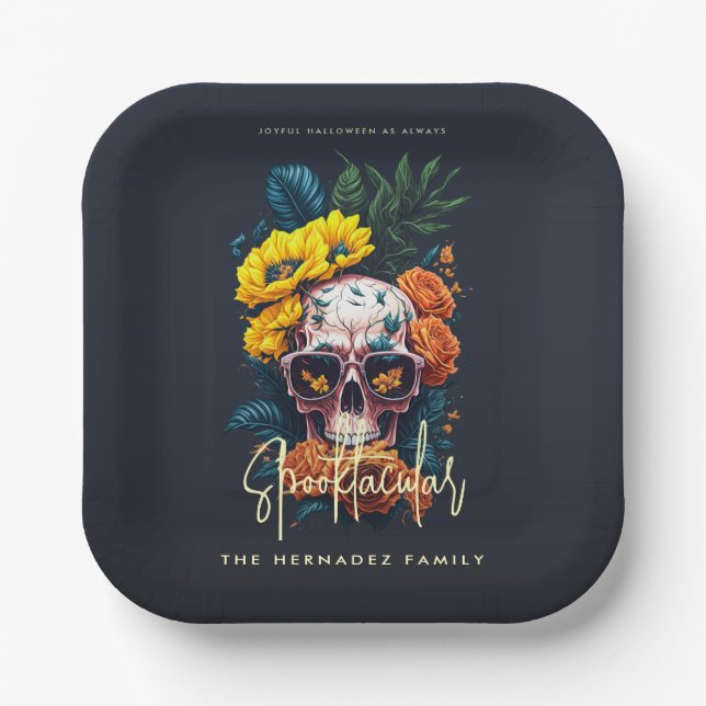 Floral Skull Faboolous Spooktacular Family Name  Paper Plate (Front)