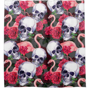 Floral skull, flamingo seamless pattern.