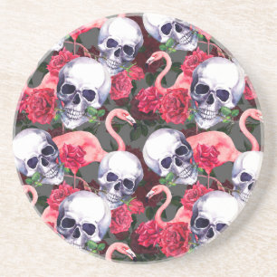 Floral skull, flamingo seamless pattern. coaster