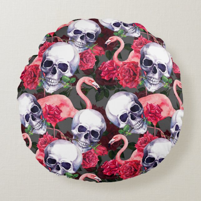 Floral skull, flamingo seamless pattern. round pillow (Front)