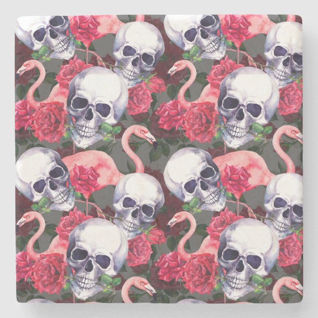 Floral skull, flamingo seamless pattern. stone coaster (Front)