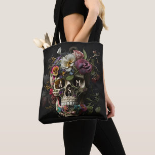 Floral Skull Goth Pagan Monogram Initials Tote Bag